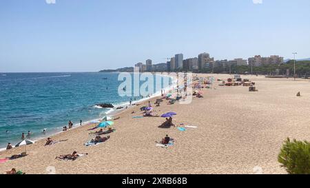 29. Juli 2024, Spanien, Platja D'Aro: Badende liegen am Platja Gran, dem "großen Strand". Die Strände schwinden auf der ganzen Welt. In Spanien ist das Phänomen jedoch besonders akut. Die Zeitung "La Vanguardia" schrieb kürzlich, dass der "große Strand", der heute durchschnittlich gut 50 Meter breit ist, in den 1980er Jahren dreimal so groß war Umweltschützer gehen an die Barrikaden, und die ersten Küstenstädte ergreifen drastische Maßnahmen. Foto: Emilio Rappold/dpa Stockfoto