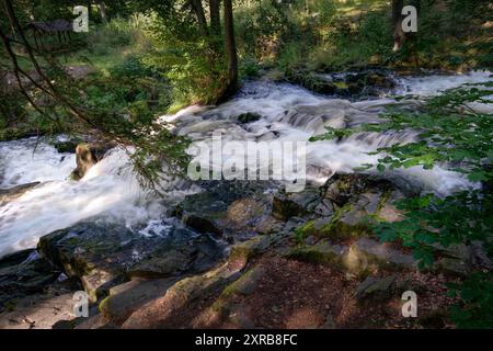 09.08.2024 Blick auf den Selkefall bei Harzgerode im Landkreis Harz in Sachsen-Anhalt. Der kleine Wasserfall liegt im oberen Selketal, einem Naturschutzgebiet im Unterhalz. Obwohl der Fall ein bisschen umgestüm aussehen, ist er nicht natürlich entstanden, sondern wurde Anafang des 19. Jahrhundert von Menschen erschaffen. Die Stelle ist ein tolles Ausflugsziel und bei vielen Wanderern sehr beliebt. Alexisbad Sachsen-Anhalt Deutschland *** 09 08 2024 Blick auf die Selkefälle bei Harzgerode im Landkreis Harz in Sachsen-Anhalt der kleine Wasserfall liegt im oberen Selketal, einem Naturpark Stockfoto