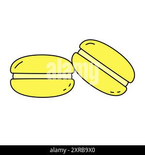 Gelbes Macaron Dessert oder Keks gefüllt mit Buttercreme, französisch Kekse Dessert aus Mandelmehl, Doodle Stil Vektor Illustration Stock Vektor