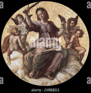 Richter Allegory Raffaello - Tondo - Stanza della Segnatura nei Musei Vaticani. - Gerechtigkeit in einem Medaillon an der Decke der Stanza della Segnatura Stockfoto