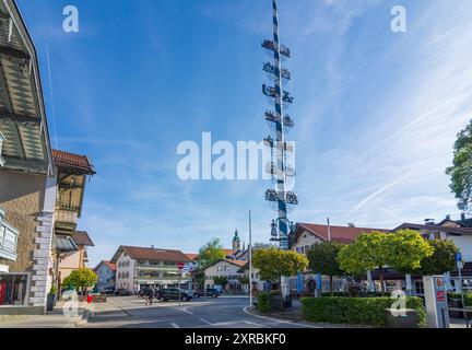 Miesbach, Marktplatz, Maypole in Oberbayern, Bayern, Deutschland Stockfoto