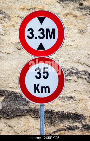 Rotes Verkehrszeichen mit Nummer in geometrischer Form, die tagsüber mit Vorsicht und Orientierung an der Kreuzung versehen ist Stockfoto