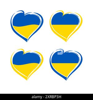 Ukrainische niedliche Embleme, kreative Kollektion. Set von Herzsymbolen mit Flagge der Ukraine Farben. Handgezeichnete Stilformen. Symbol des nationalen Unabhängigkeitstages Stock Vektor