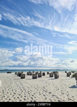 Liegestühle an einem Sommertag im Morgenlicht vor blauem Himmel an einem weißen Sandstrand im Ostseebad Prerow, Mecklenburg-Vorp Stockfoto