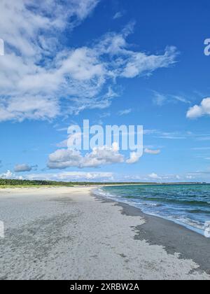 Blick auf das Meer mit Sonne und Schatten an einem Sommertag am Wasserrand am breiten Sandstrand im Ostseebad Prerow, Mecklenburg-V Stockfoto