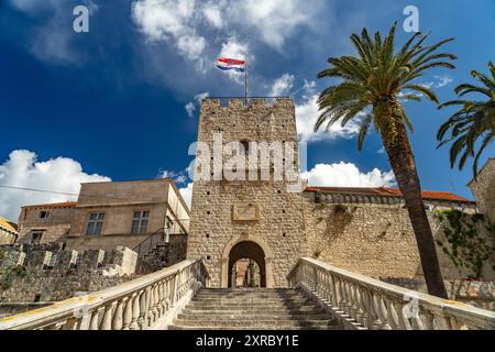 Land Gate Revelin Tower, Stadttor in Korcula, Kroatien, Europa Stockfoto