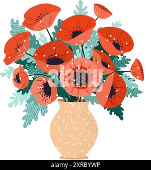 Isolierter Blumenstrauß mit Mohnblumen in Vase. Stock Vektor