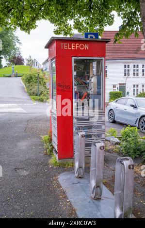 Ein nicht funktionierender Telefonkiosk, der für Anrufe und als örtlicher Buchladen für den Austausch von Büchern genutzt wird Stockfoto