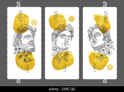 Triptychon handgezeichneter Vektorkunst mit imaginierten Figuren in durchgehender Linientechnik, die historische Bilder mit floralen Elementen für einen Modus verschmelzen Stock Vektor