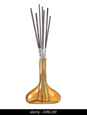 Aroma-Reed-Diffusor mit Duftstäbchen. Braune Sprühflasche mit ätherischem Bio-Parfümöl. Aromatherapie für zu Hause, entspannen. Naturheilkunde. Stockfoto