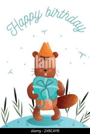 Niedliche Grußkarte für Kinder. Cartoon Biber feiert einen Geburtstag mit einem Geschenk in einer natürlichen Umgebung. Vektor. Stock Vektor