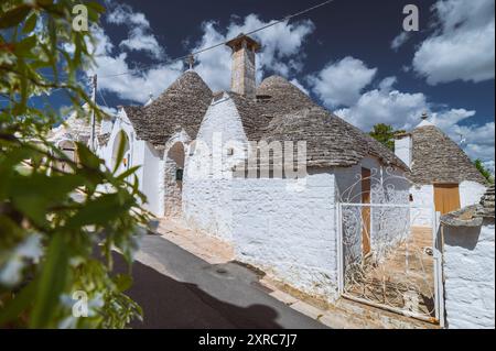 Blick auf die romantischen Gassen von Alberobello in Apulien, Süditalien, mit seinen typischen kleinen, weißen Rundhäusern. UNESCO-Weltkulturerbe Stockfoto