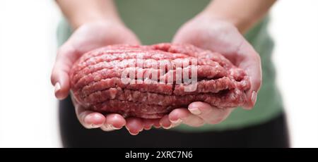 Es gibt viel frisches rotes fette Hackfleisch in den weiblichen Händen Stockfoto