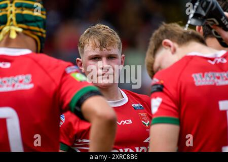 Neath, Wales. 3. August 2024. Finlay Walker of Wales während des U16 Four Nations Rugby League Championship-Spiels zwischen Wales und England Community Lions am 3. August 2024 bei den Lextan Gnoll in Neath, Wales, Großbritannien. Quelle: Duncan Thomas/Majestic Media. Stockfoto