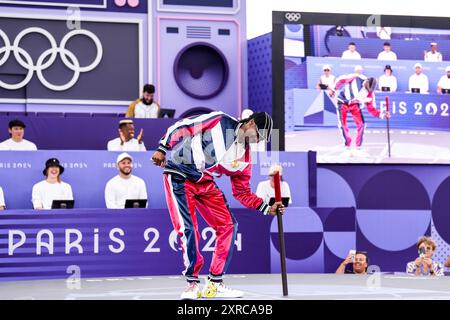 Paris, Frankreich. August 2024. PARIS, FRANKREICH - 9. AUGUST: DER US-Rapper Snoop Dogg führt am 9. August 2024 in Paris den Putsch de Baton durch, bevor die Athleten am 14. Tag der Breaking - Olympischen Spiele Paris 2024 am Place de la Concorde teilnehmen. (Foto: Rene Nijhuis/BSR Agency) Credit: BSR Agency/Alamy Live News Stockfoto