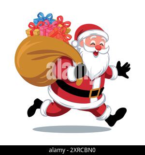 Fröhlicher Weihnachtsmann mit einem Sack Weihnachtsgeschenke, Weihnachtsmann mit einer Tasche Geschenkboxen, Frohe Weihnachten Vektor Illustration Stock Vektor