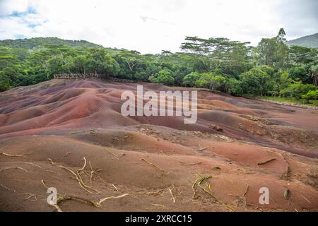 Landschaft, aufgenommen bei Sonnenuntergang im Regen, weltberühmter Ort, siebenfarbige Erde, Naturwunder im Black River Gorges National Park, Mauritius Stockfoto