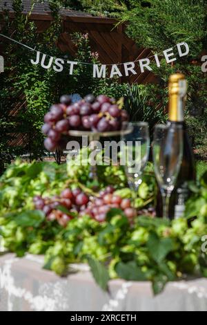 Ein Arrangement mit 2 Sektgläsern und einer Sektflasche neben roten Trauben auf einer weißen Tischdecke, die im Vordergrund verschwimmt ist, Vorbereitung auf eine Hochzeit im Garten, Schriftzug JUST Married Sharp im Hintergrund Stockfoto