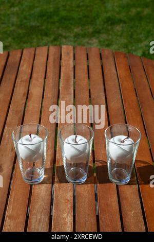 Weiße Plastikäpfel in Gläsern auf einem braunen Holztisch im Garten bei Sonnenschein, Dekoration für eine Outdoor Party Stockfoto