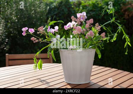 Auf einem Holztisch im Garten steht ein weißer Blumentopf mit frischen weißen und rosa Blüten, Blumenarrangement im Abendsonnenlicht im Spätsommer Stockfoto