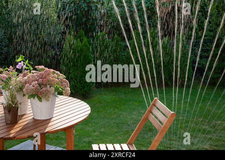 Blühende Blumen in weißen Töpfen auf einem Holztisch, Terrasse im grünen Garten, im Hintergrund bewässert ein Regner den Rasen und die grünen Nadelbäume, die Wasserstrahlen leuchten im Hintergrund der Abendsonne und sind eine erfrischende Abkühlung Stockfoto