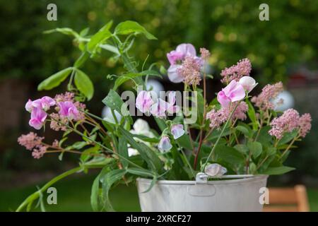 Ein weißer Cachepot mit frischen Blüten wie rosa Sackblumen, weißen und rosa Wicken und grünen Blättern steht als Blumenarrangement auf einem Holztisch im Vordergrund; ein Apfelbaum mit hellgrünen Äpfeln im Hintergrund im Garten steht verschwommen Stockfoto