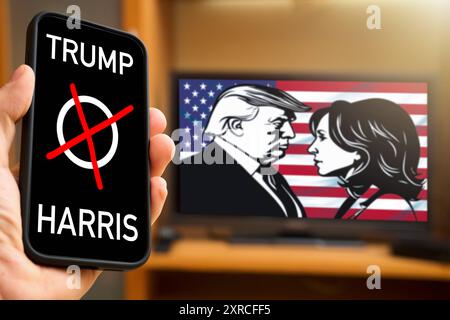 9. August 2024: Ein Smartphone zeigt ein Wahlkreuz mit den Namen Trump und Harris, während die Silhouetten von Donald Trump und Kamala Harris im Hintergrund vor einer US-Flagge zu sehen sind. FOTOMONTAGE *** ein Smartphone zeigt ein Wahlkreuz mit den Namen Trump und Harris, während im Hintergrund die Silhouetten von Donald Trump und Kamala Harris vor einer US-Flagge zu sehen sind. FOTOMONTAGE Stockfoto