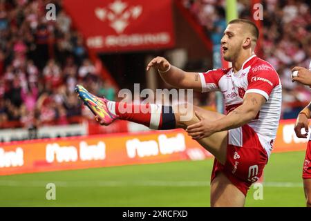 Kingston upon Hull, Großbritannien. August 2024. Mikey Lewis von Hull KR feiert ihren Versuch während des Spiels Hull KR gegen Castleford Tigers im Sewell Group Craven Park, Kingston upon Hull, Vereinigtes Königreich, 9. August 2024 (Foto: Mark Cosgrove/News Images) in Kingston upon Hull, Vereinigtes Königreich am 9. August 2024. (Foto: Mark Cosgrove/News Images/SIPA USA) Credit: SIPA USA/Alamy Live News Stockfoto