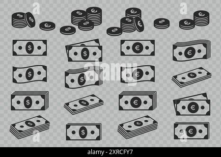 Symbole für Euro- und Euro-Banknoten auf Papier gesetzt. Geldwährungsrechnungen und Cent. Vektorkonstruktionselemente isolieren Stock Vektor