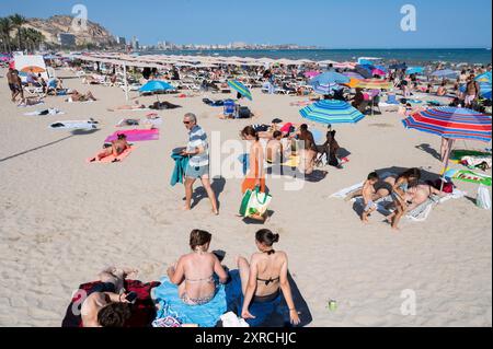 Alicante, Spanien. August 2024. Die Leute sonnen sich und schwimmen am Strand El Postiguet in Alicante. (Foto: Miguel Candela/SOPA Images/SIPA USA) Credit: SIPA USA/Alamy Live News Stockfoto