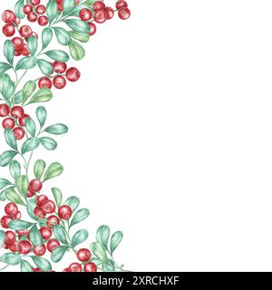 Rote Beeren Aquarellfarben mit leuchtenden Preiselbeeren und grünen Blättern, die in einem Eckrahmen angeordnet sind. Verwenden Sie dieses Clipart für festliche Schreibwaren, digitale Scrapbooking und Weihnachtsdekorationen Stockfoto