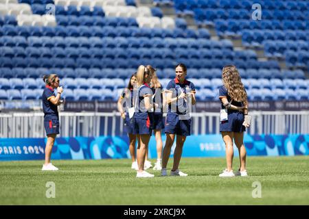 Lyon, Frankreich. August 2024. Lyon, Frankreich, 9. August 2024: Spieler Spaniens sind vor den Olympischen Spielen zu sehen Paris 2024 Frauen Bronze Medaille Fußball Spiel zwischen Spanien und Deutschland im Stade de Lyon in Lyon, Frankreich. (ANE Frosaker/SPP) Credit: SPP Sport Press Photo. /Alamy Live News Stockfoto