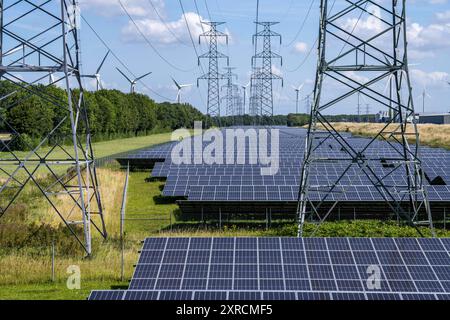 Hochspannungsleitungs Trasse, der Platz darunter wird für einen über 5 km langen Solarpark genutzt, dahinter ein Windpark, im Hafengebiet von Vlissingen-Oost, Niederlande, PV und Windpark *** Hochspannungsleitung, der darunter liegende Raum wird für einen über 5 km langen Solarpark genutzt, dahinter ein Windpark, dahinter ein Windpark, im Hafengebiet von Vlissingen Oost, Niederlande, PV und Windpark Stockfoto