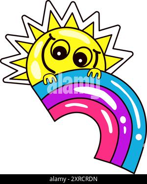 Netter grooviger Sonnencharakter mit Regenbogen-Illustration Vektor Stock Vektor