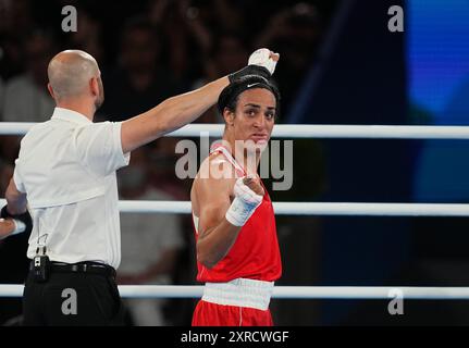 6. August 2024: Imane Khelif (Algerien) feiert Gold am 14. Tag der Olympischen Spiele in Roland Garros, Paris. Ulrik Pedersen/CSM. Stockfoto