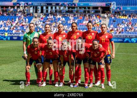 Lyon, Frankreich. August 2024. Die Startaufstellung Spaniens posiert für Fotos vor dem Spiel der Frauen mit Bronzemedaillen zwischen Spanien und Deutschland bei den Olympischen Spielen 2024 in Lyon, Frankreich, 9. August 2024. Quelle: Sun Fei/Xinhua/Alamy Live News Stockfoto