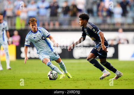 9. August 2024: Der Philadelphia Union Defender Nathan Harriel (26) kontrolliert den Ball während der ersten Hälfte eines Liga-Cup-Spiels gegen den CF Montreal im Subaru Park in Chester, Pennsylvania. Kyle Rodden/CSM Stockfoto