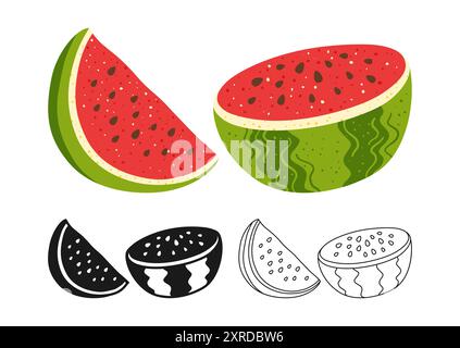Zeichentrickset mit Wassermelone-Symbol. Reife Scheibe und eine halbe Wassermelone lineares Kritzelsymbol. Abstrakte kindliche handgezeichnete saftige Frucht. Mit Wassermelonenform und Schriftgrafik. Vektor einfache trendige Illustration Stock Vektor