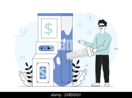 ATM-Raubüberfall-Konzept. Der Mann verwendet Säge, um durch den Geldautomaten zu sägen. Dieb und Betrüger stiehlt Geld. Finanz- und Bankkriminalität, Raub und Diebstahl. Linearer Vektor Stock Vektor