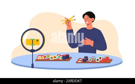 Blogger probieren Sushi. Ein Typ mit Essstäbchen isst Meeresfrüchte vor der Kamera. Traditionelle japanische Küche. Der Blogger erstellt interessante Inhalte für das Video-Hosting Stock Vektor
