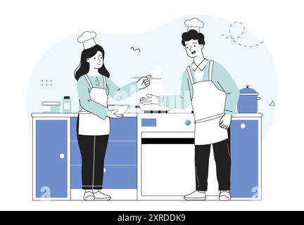 Köche in der Küche. Mann und Frau in weißen Schürzen, die Essen in der Küche zubereiten. Catering-Service-Beruf. Mitarbeiter im Café oder Restaurant. Linearer Vektor Stock Vektor