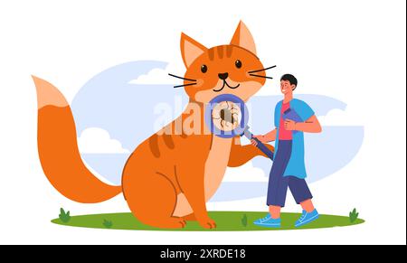 Katze mit Flöhen. Mann in medizinischer Uniform mit Lupe findet Insekten im Pelz des Haustiers. Diagnose und Behandlung. Gesundheit und Medizin. Flach Stock Vektor