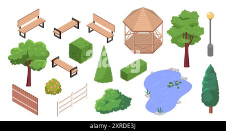 Isometrisches Parkset. Holzbänke, Zäune, Sträucher mit Blumen und Bäumen. Pavillon, Laterne und See. Konstrukteur für die Schaffung eines Sommerparks. 3D-Vektor Stock Vektor