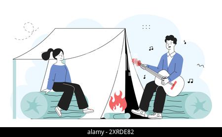 Camping mit Gitarre. Frau und Mann mit Gitarre sitzen neben Feuer und Zelt. Aktiver Lebensstil und Freizeit in der Natur. Gitarrist auf Wanderung. Linearer Vektor Stock Vektor