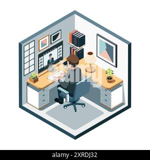 Isometrische Einrichtung des Home Office mit Online-Meeting läuft. Online-Meeting und Arbeit von zu Hause aus Stock Vektor