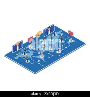 Isometrische Besprechung Des Geschäftsteams Über Das Internet-Netzwerk. Global Remote Team Collaboration-Konzept Stock Vektor