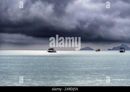 Fischereischiffe im Meer am Horizont mit massiven dunklen Wolken darüber. Seefahrtsschiffe und malerischer Blick auf die Natur Stockfoto