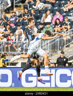 Chester, PA United States 9. August 2024 – Jack Elliot Verteidiger #3 führt den Ball für die Philadelphia Union MLS-Mannschaft im Liagues Cup gegen CF Montreal an. Foto: Don Mennig / Alamy News Stockfoto