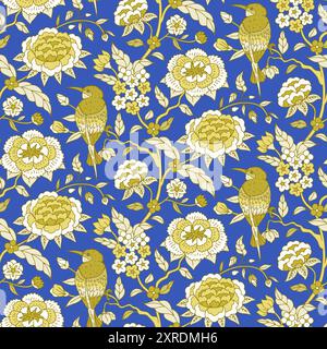 Nahtloses Muster mit einfarbigen blauen Chinoiserie handgezeichneten Blumen und Vogelmotiven Stock Vektor