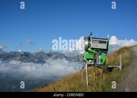 Eine nicht funktionierende Schneekanone in den Bergen steht im Sommer auf dem Gras am Hang und wartet auf den Winter Stockfoto